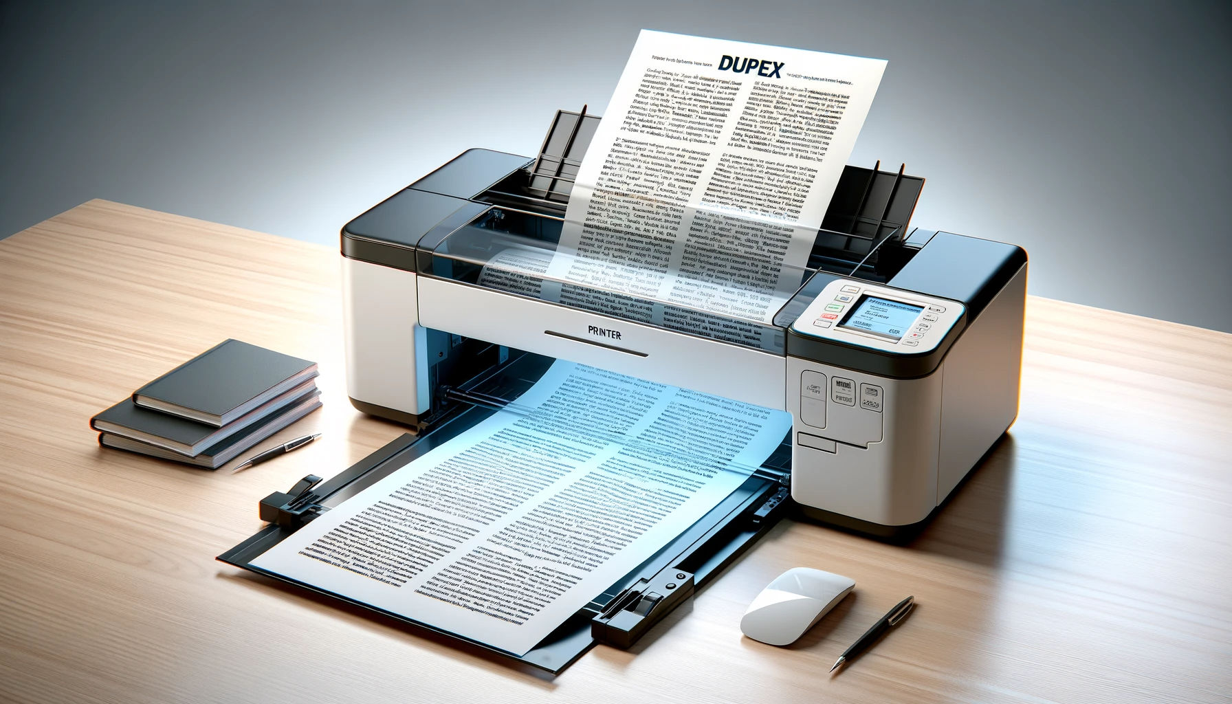 An image for duplex printing showing a printer with a page coming out that has text printed on both sides. The page should be partially out of the pri